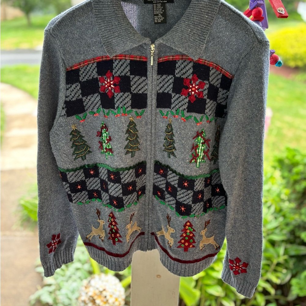 Reference Point Holiday Christmas Women’s XL Wool Blend Gray full zip cardigan